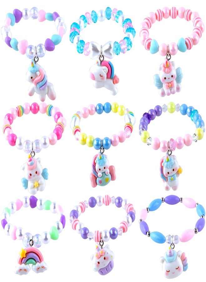 Niceup 9PCS Unicorn Bracelets for Girls, Elastic Beaded Charm Bracelets with Glitter Unicorns, Pastel Colors, Perfect for Party Favors, Birthday Goodie Bags & Pretend Play - Image 1